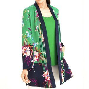 Chico's Sz 1 Reversible Kimono Open Front Jacket US (M-8) Green Floral /Navy